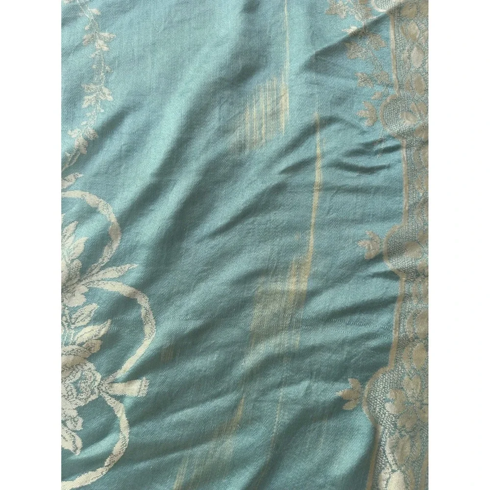 Vintage Blue Silk Cotton Blend Damask Bedspread Macrame Fringe Tassel Coverlet - Picture 7 of 10